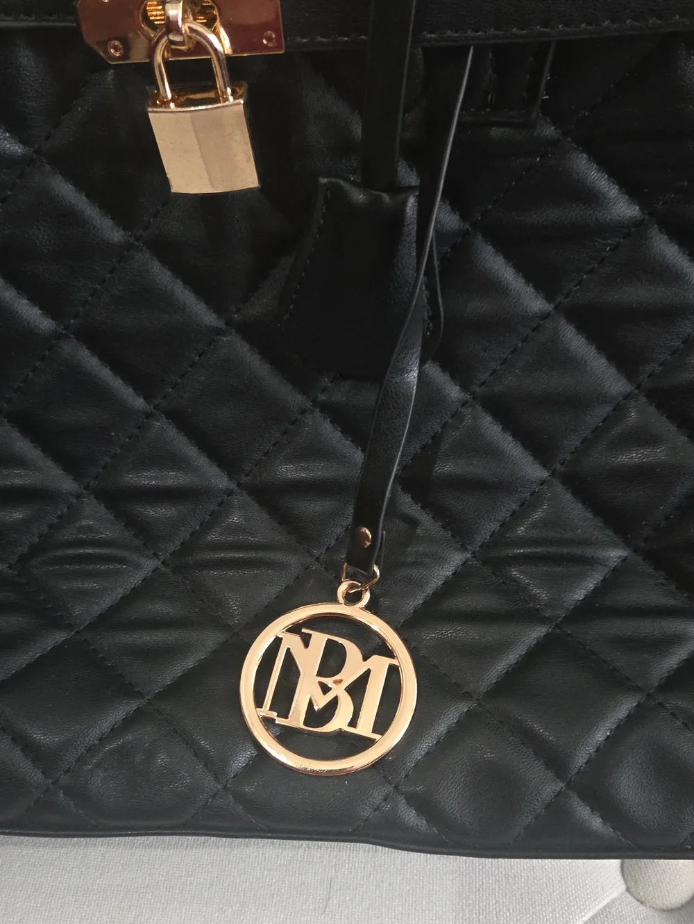 Mischka Badgley Black Quilted Tote Bag with Gold Charm